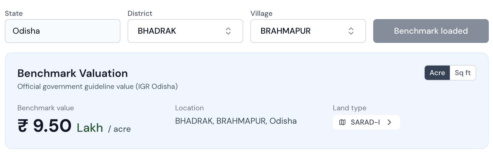 Benchmark Valuation on TLB Dashboard showing ₹9.50 Lakh per acre for Bhadrak, Brahmapur, Odisha